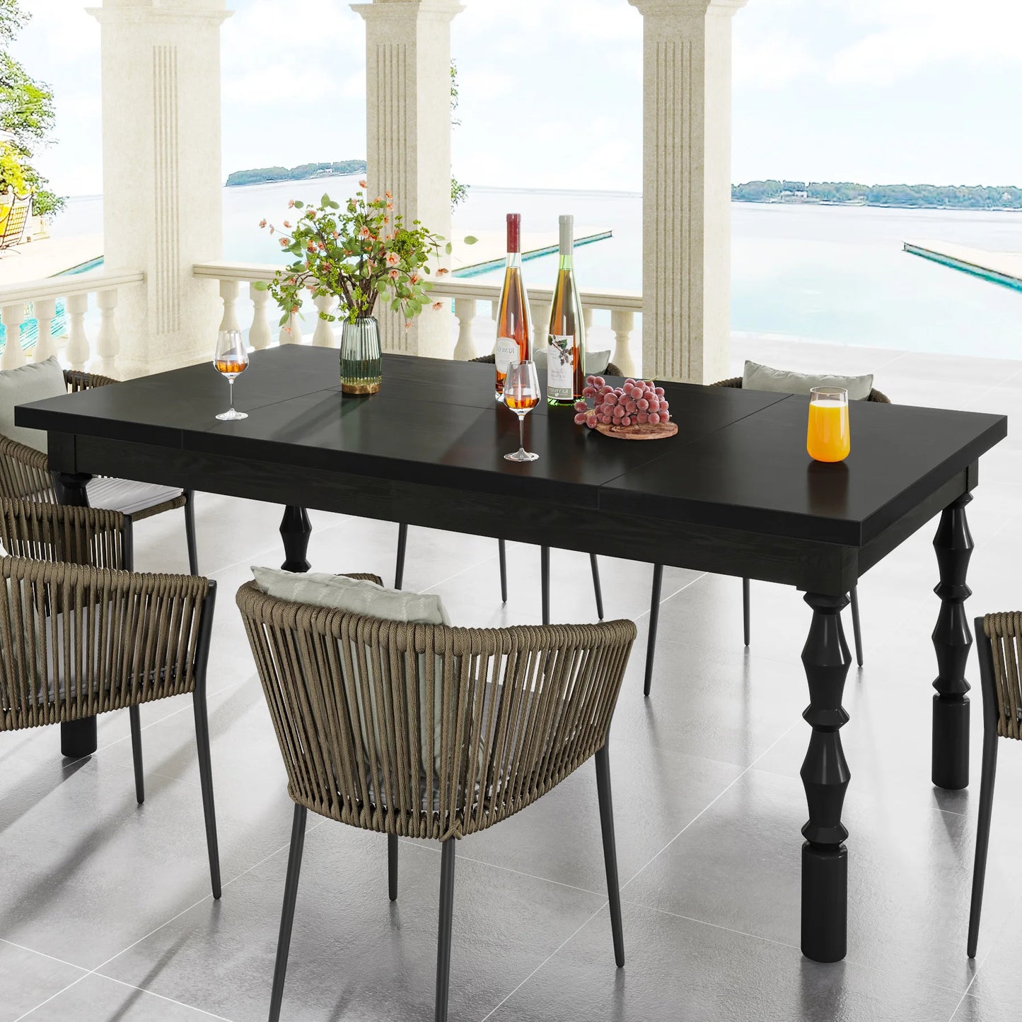 62” Wood Patio Table for 4-6 People, Farmhouse Large Indoor