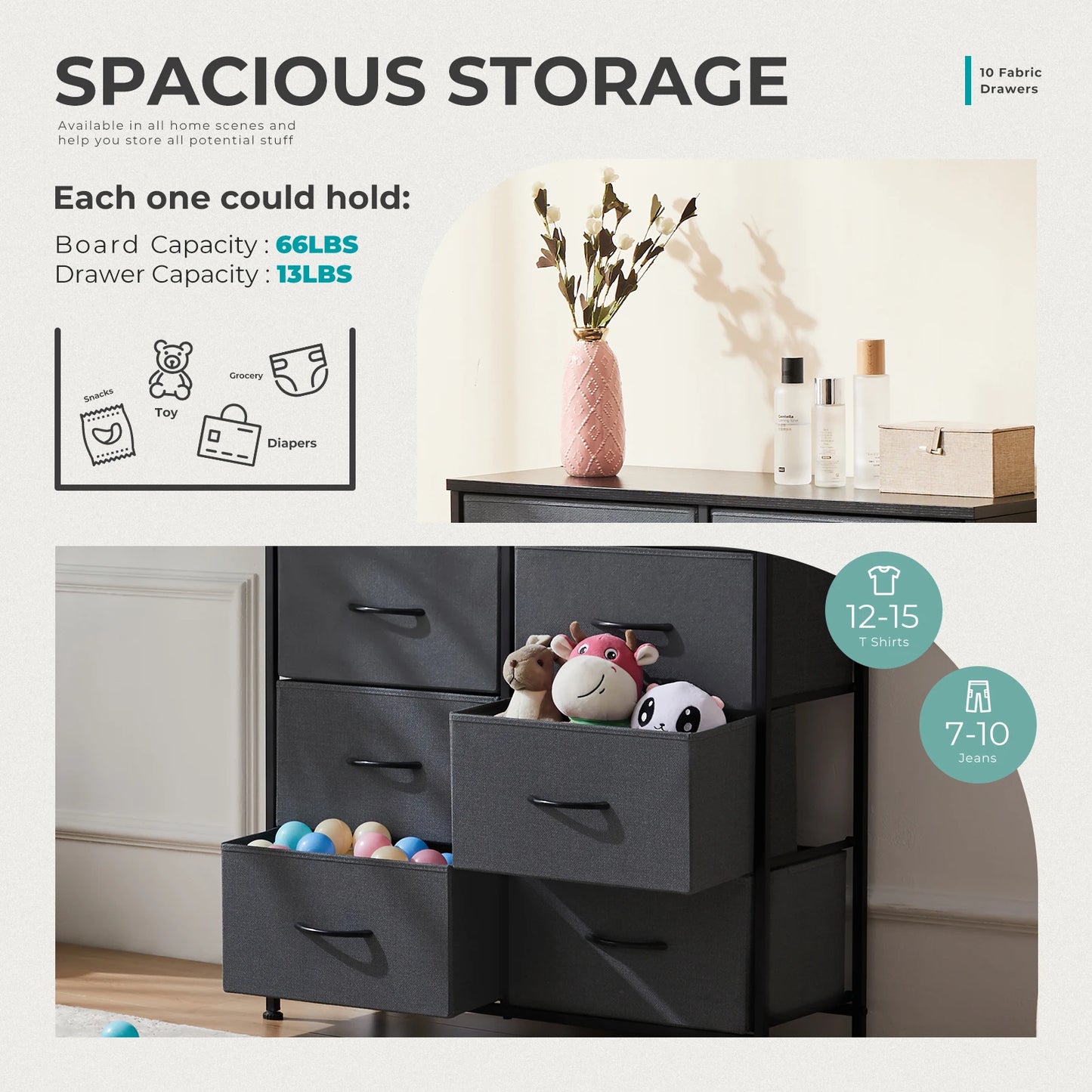 Bedside Table For Bedroom With 10 Fabric Drawers Nightstand Storage