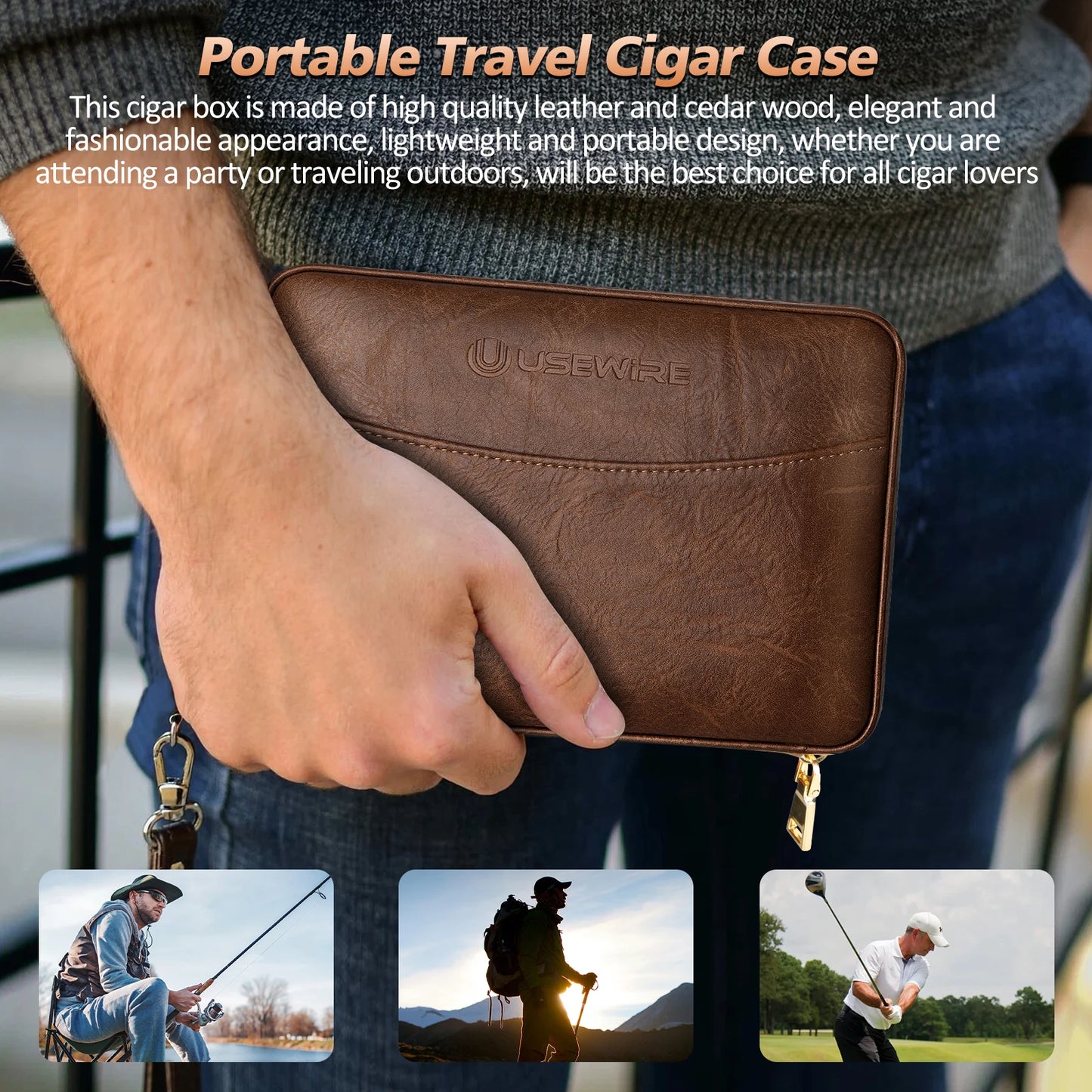 Leather Cigar Humidor with Cigar Lighter, Built-in Straight Cigar Cutter and Cigar Punch,