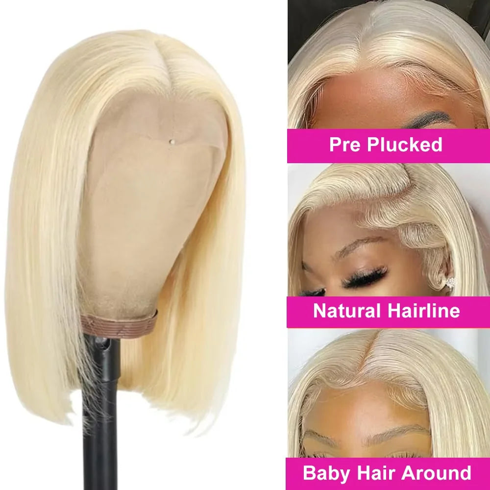 Honey Blonde 613 Colored Short Bob Wigs 8-14 Inch Bone Straight Lace Front Human Hair