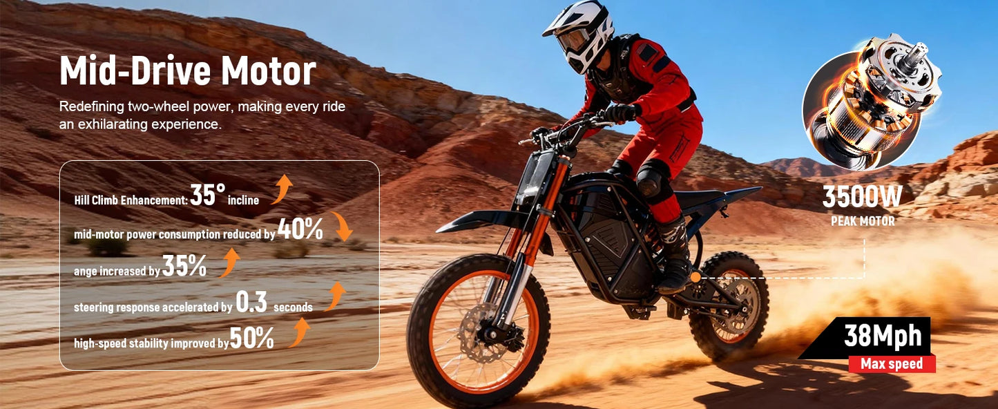 Electric Mini Dirt Bike for Teens & Adults, 14"/12" Fat Tire 3500W Electric Motorcycle, 48V23AH Battery Ebike 38MPH