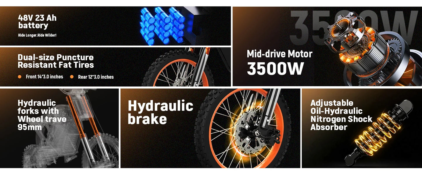 Electric Mini Dirt Bike for Teens & Adults, 14"/12" Fat Tire 3500W Electric Motorcycle, 48V23AH Battery Ebike 38MPH