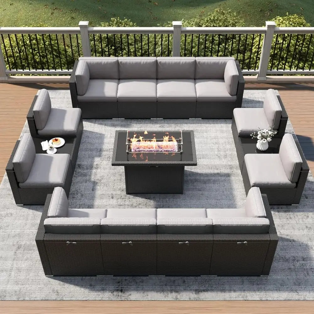 15-Piece Outdoor Patio Furniture Set with Fire Pit Table,  Rattan Sectional Sofa with Coffee Table