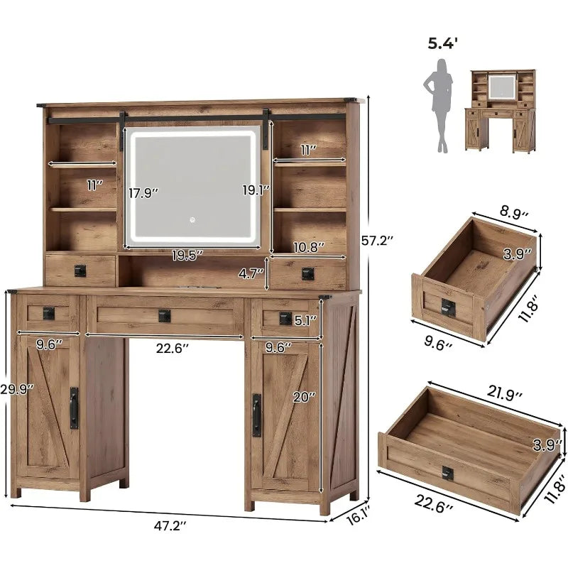 Vanity Desk with Lights, 47.2" Farmhouse Vanity Table with Sliding Mirror
