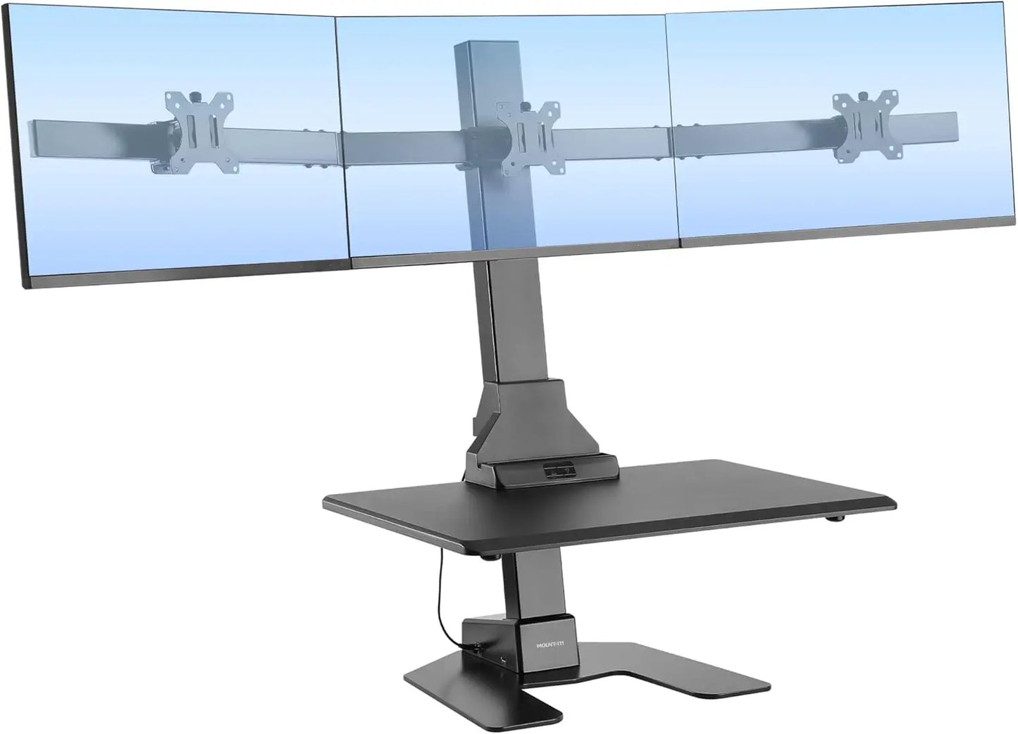 Triple Monitor Electric Standing Desk Converter - 3 Screens Stand Up Desk Riser - Height Adjustable Desktop & 3 Mounts