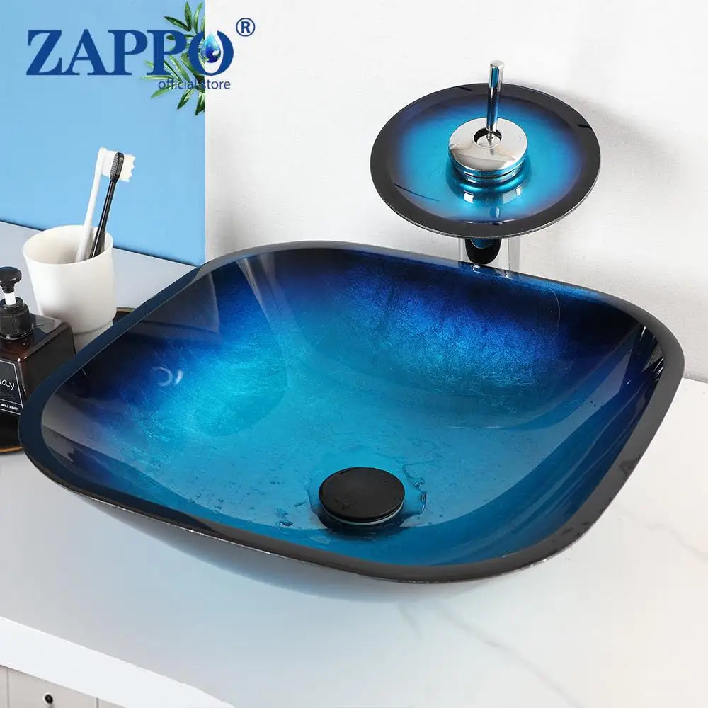 Tempered Glass Bathroom Vessel Sink with Waterfall Black Faucet