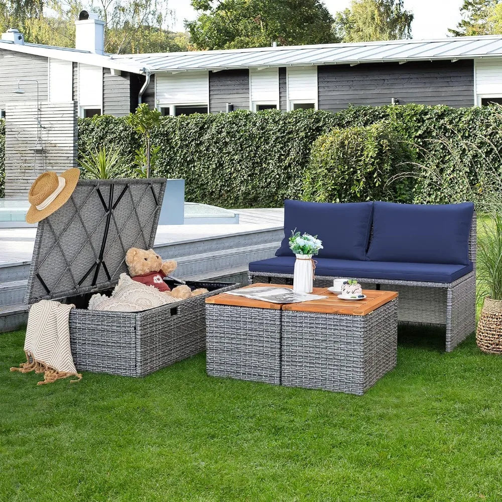 Patio Day Bed Outdoor Daybed Set Multifunctional Rattan Lounge Bed with 2 Side Tables