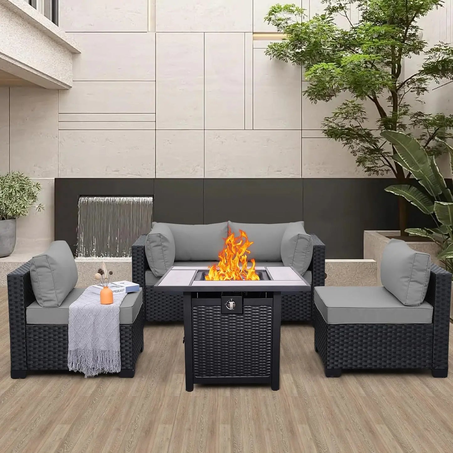 5 Piece Black Rattan Sectional Sofa Set with Propane Fire Pit Table