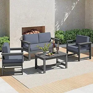 4 Pieces HDPE Outdoor Sofa Set with Cushions, All Weather Use Loveseat Furniture