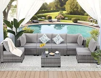 7 Pieces  Outdoor Patio Furniture Set, Wicker Outdoor Sectional