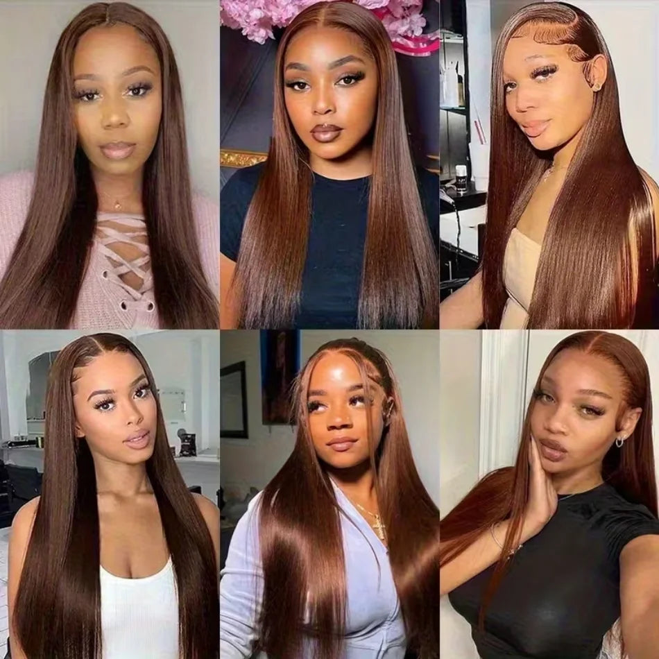 Chocolate Brown Human Hair Wig Colored Straight 13X6 Hd Lace Frontal Wig
