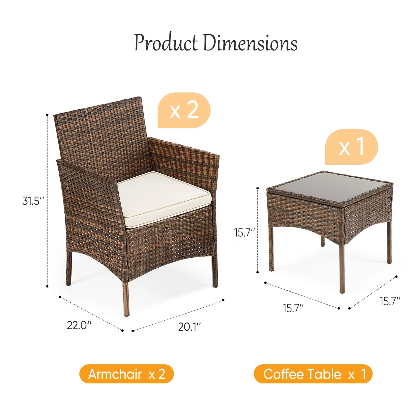 3 Pieces Outdoor Patio Furniture Set Manual Weaving Wicker Rattan Patio Chairs with Soft Cushion and Glass Table For Garden