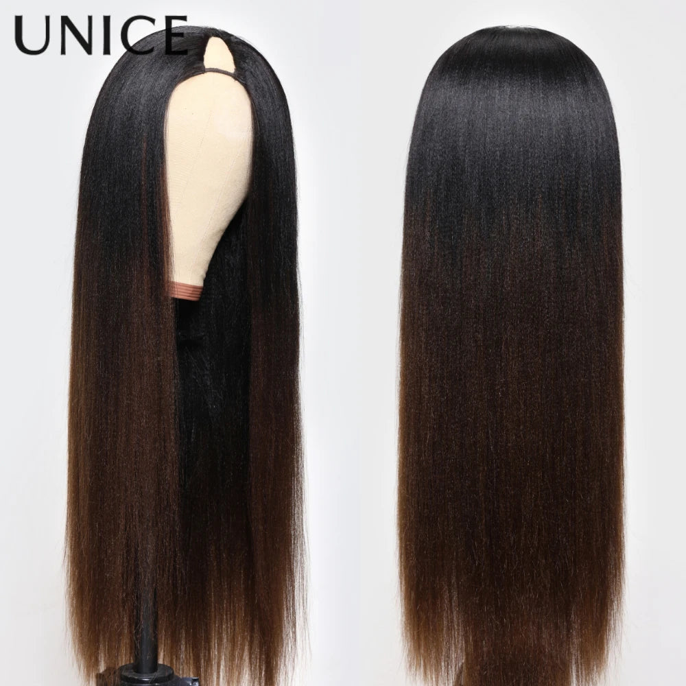 Straight V Part Wig Ombre Brown Color 100% Human Hair Wig