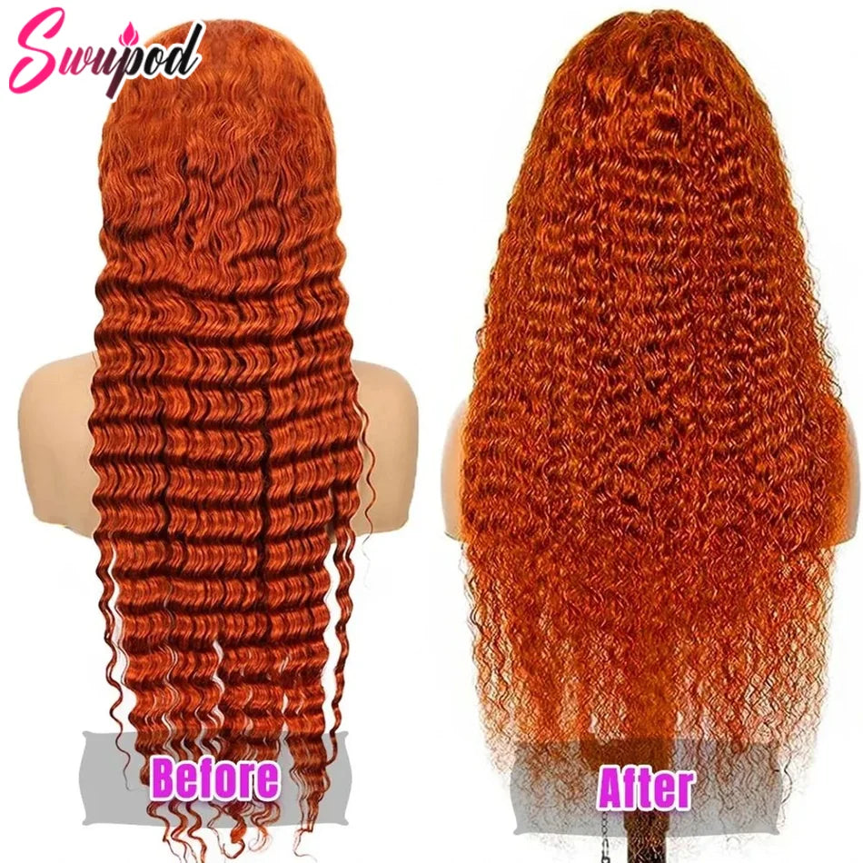 220% Density Transparent HD Lace Front Wig Wave Remy Human Hair Ginger Orange 350# Loose Curly
