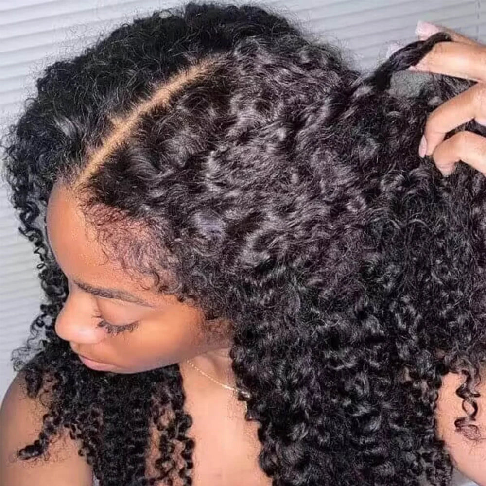 Short Bob Kinky Curly Human Hair Frontal Wig 4C Edges  Closure
