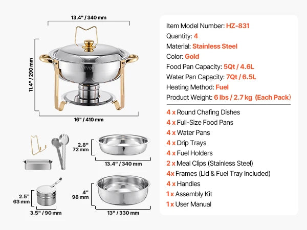 4 Pack Chafing Dish Buffet Se t Stainless Steel Chafer w/4 Full Size Pan Round