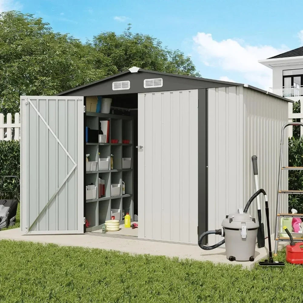 Outdoor Storage Shed with Double Door and Lock, Tall 8x6 FT, Galvanized Steel Metal Garden Shed, Outdoor Storage Room