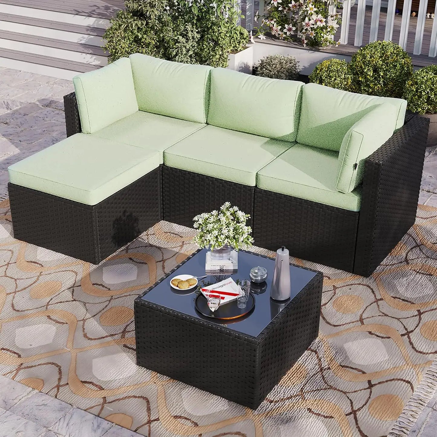 2026：Outdoor Patio Furniture , 5-Rattan Pieces  All-Weather Sectional