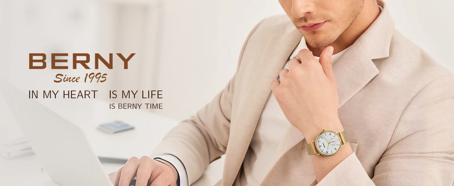 BERNY Quartz Men's Watch  Quality 316L Stainless Steel  Top Slim Case Fashion Couple's Wristwatch Simple Casual Men/Women Watches