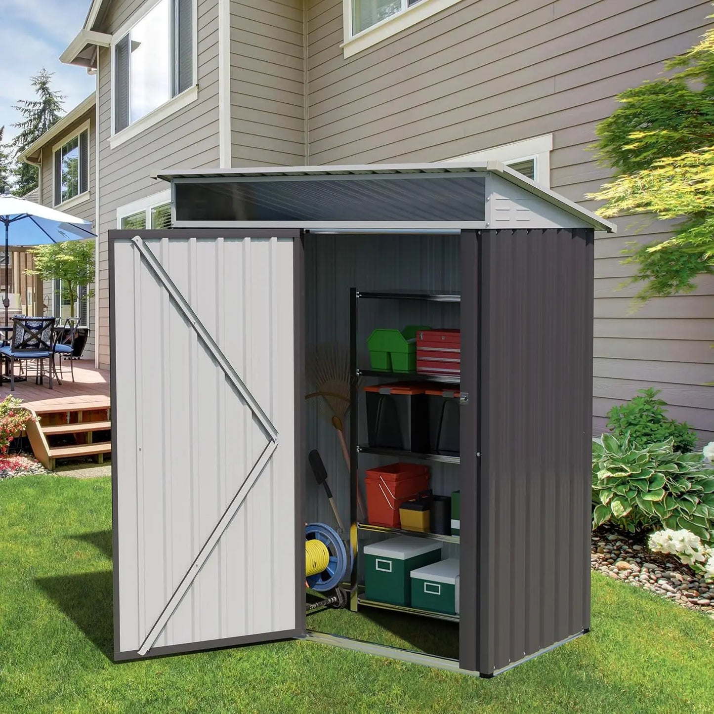 5x3x6 FT Outdoor Metal Storage Shed with Window Lockable Door, Waterproof for Garden Tools
