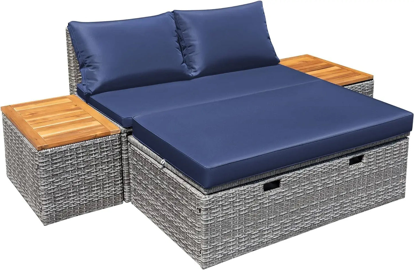 Patio Day Bed Outdoor Daybed Set Multifunctional Rattan Lounge Bed with 2 Side Tables