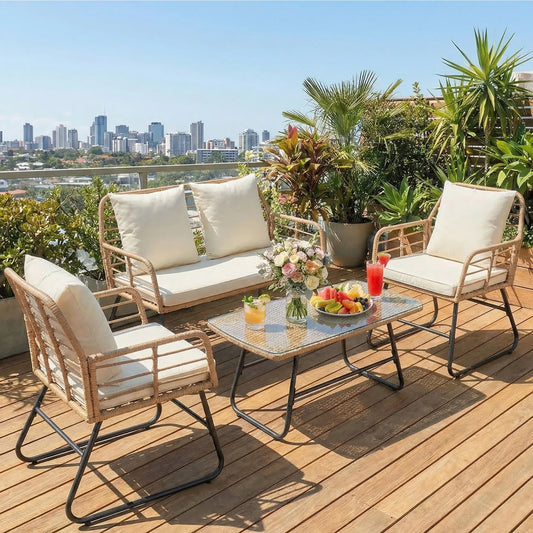 Outdoor Wicker Patio Furniture Set 4 Pieces with Soft Cushion