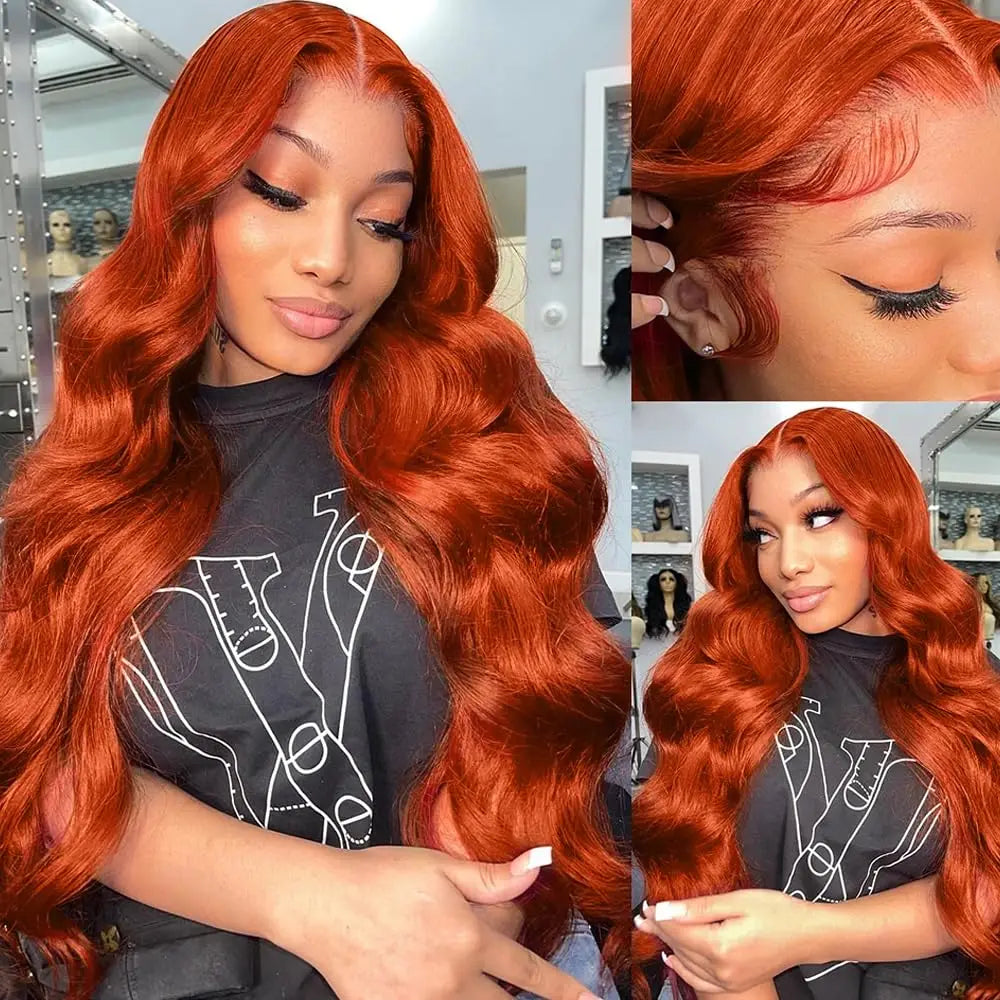 Ginger Orange36 Inch L ace Front Wigs Human Hair Body Wave