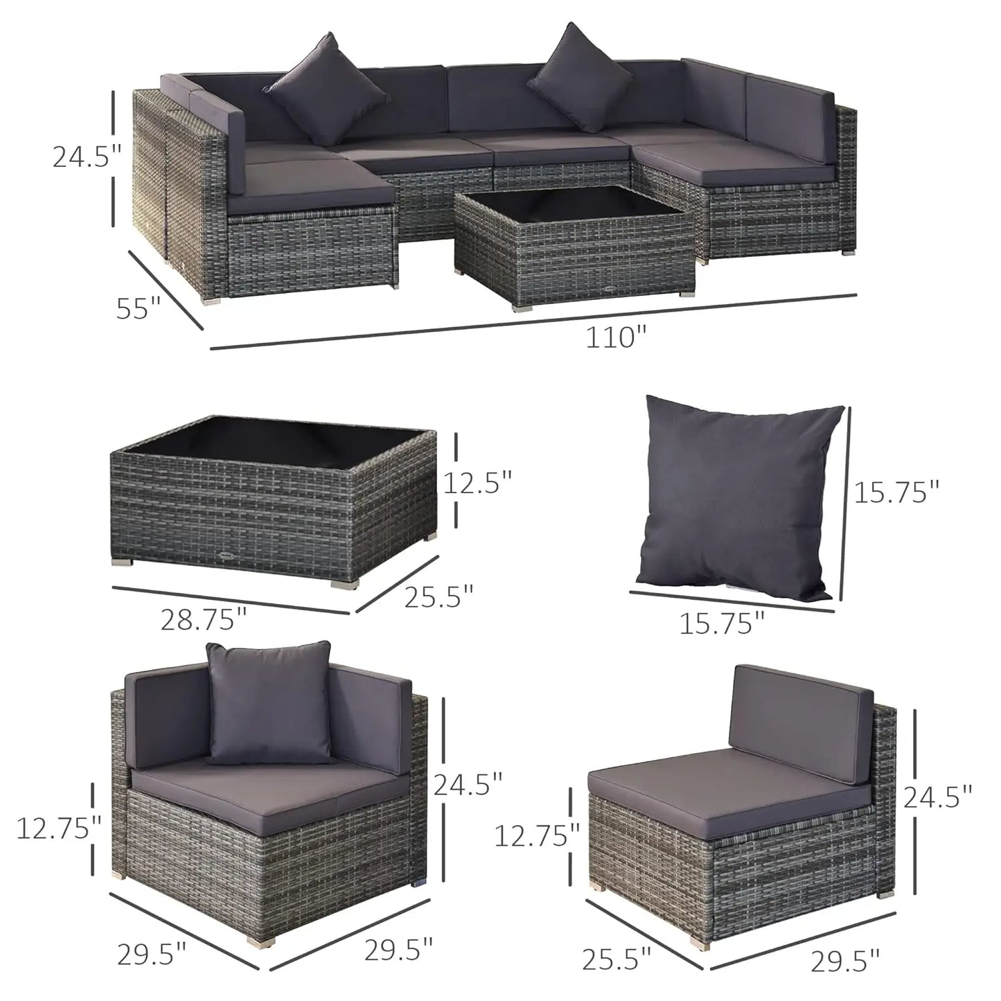 7pc PE Rattan Sectional Sofa All Weather Cushions Tempered Glass Tabletop