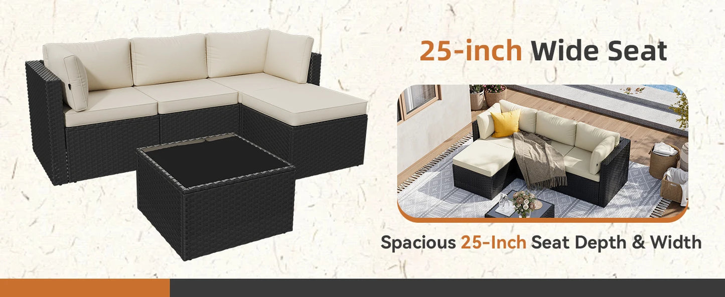 2026：Outdoor Patio Furniture , 5-Rattan Pieces  All-Weather Sectional