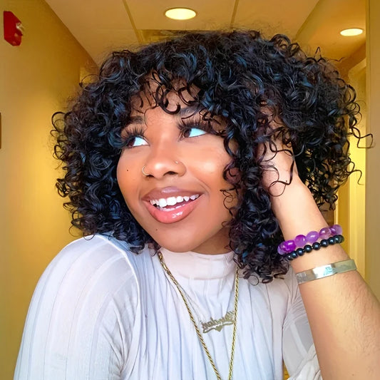 Bob Wig Machine Made Curly Human Hair Wig With Bangs 3x1 Lace Closure Bob Wig