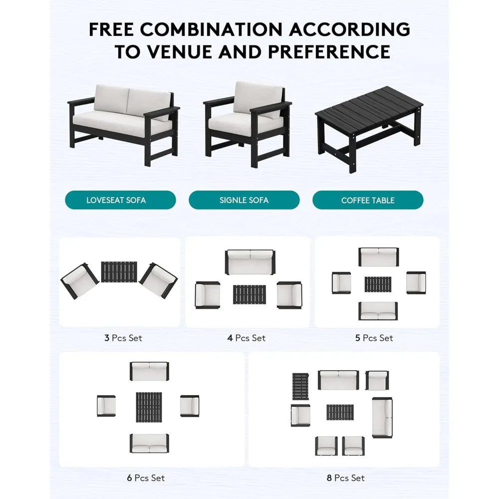 4 Pieces HDPE Outdoor Sofa Set with Cushions, All Weather Use Loveseat Furniture