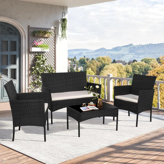 4 Piece Outdoor Patio Furniture Sets, Small Wicker Patio Conversation Furniture Rattan Chair Set