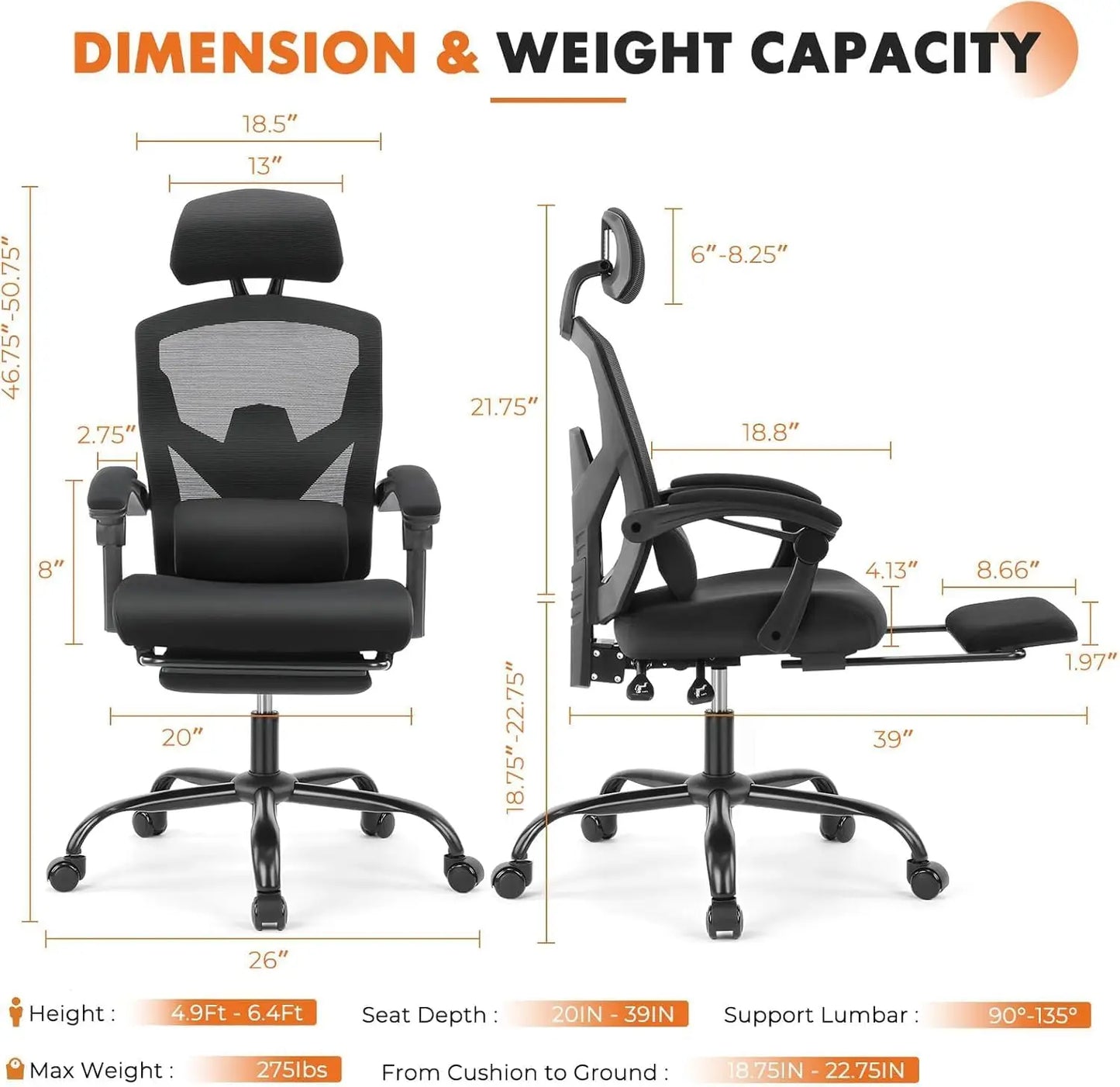 High Back Mesh Rolling Swivel Reclining Office Desk Chair Footrest Headrest Lumbar Support Comfy Arms Wheels