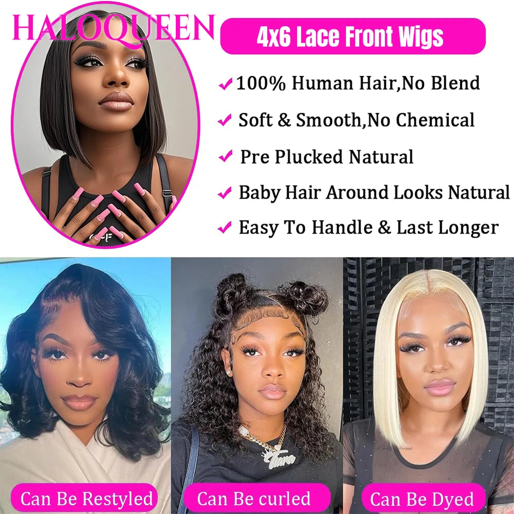 4x6 Glue less Bob Wig Human Hair Lace Short Straight  Closure