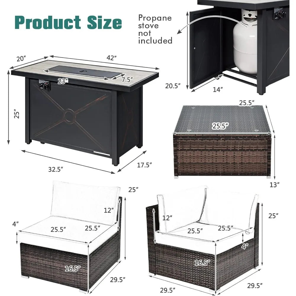 7 Piece Patio Furniture Set with Fire Pit Table, Includes  Fire Pit and Protective Cover,