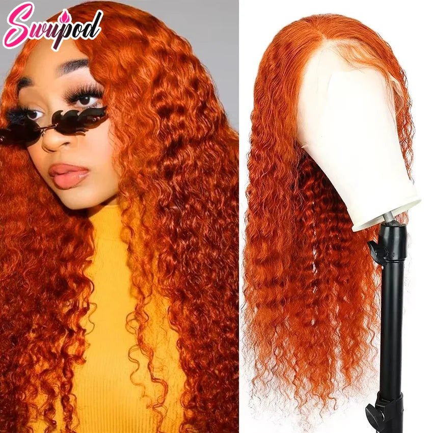 220% Density Transparent HD Lace Front Wig Wave Remy Human Hair Ginger Orange 350# Loose Curly