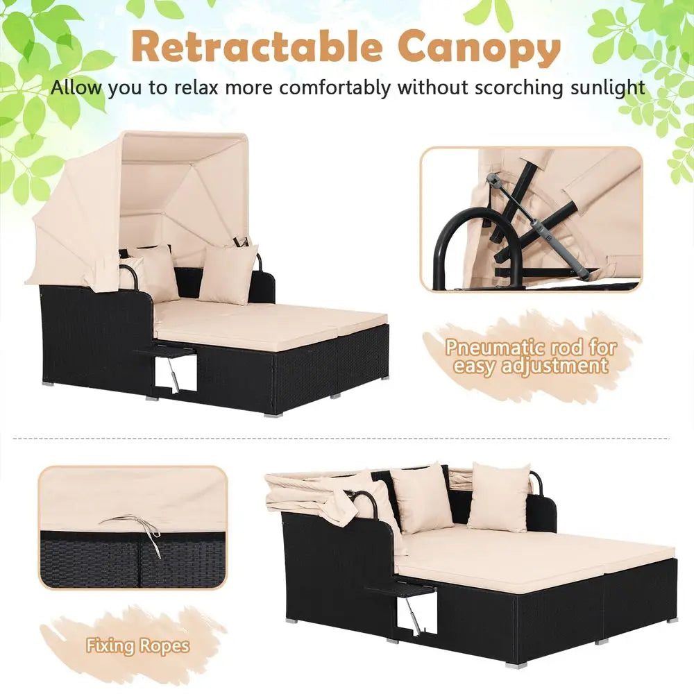 Patio Rattan Daybed with Retractable Canopy,  Outdoor Wicker with 2 Foldable Side Tables,