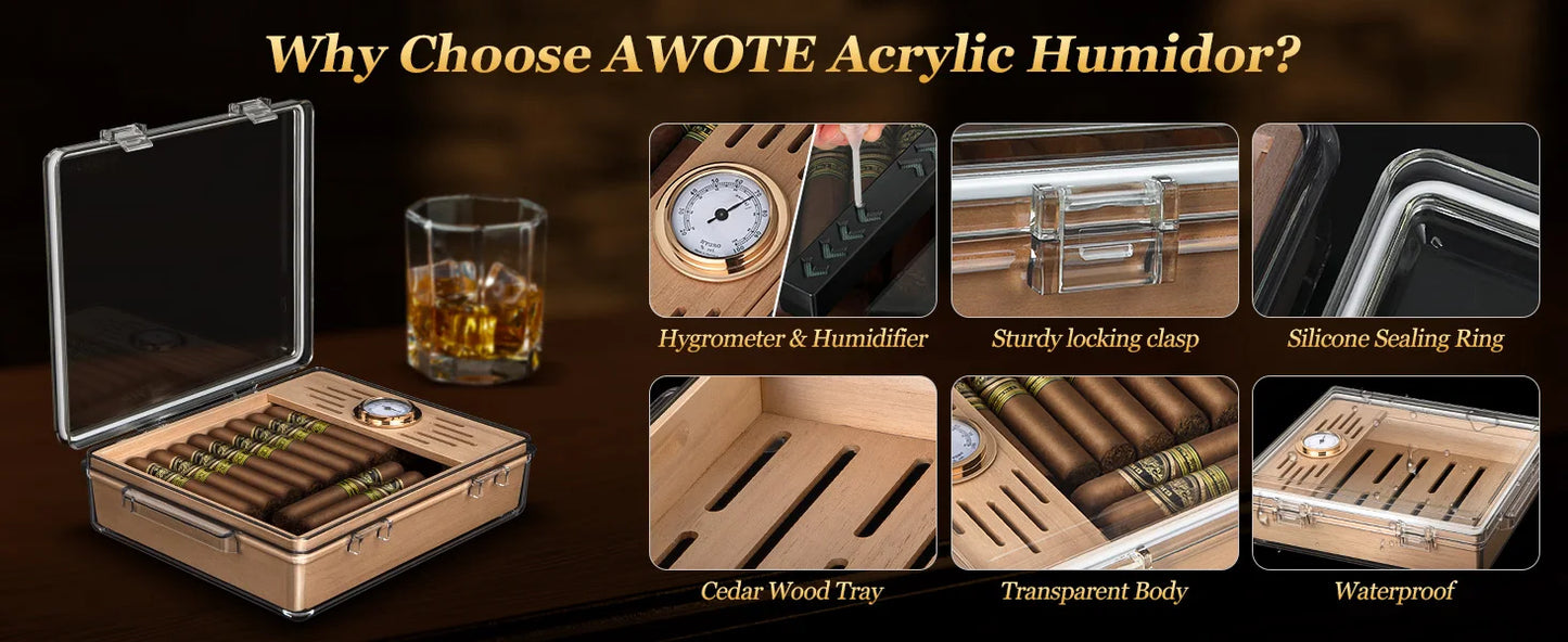 Acrylic Cigar Humidor, Clear Cigar Humidor Box with Hygrometer, Humidifier and Cedar Wood Tray, Can Hold About 20-30 Cigars