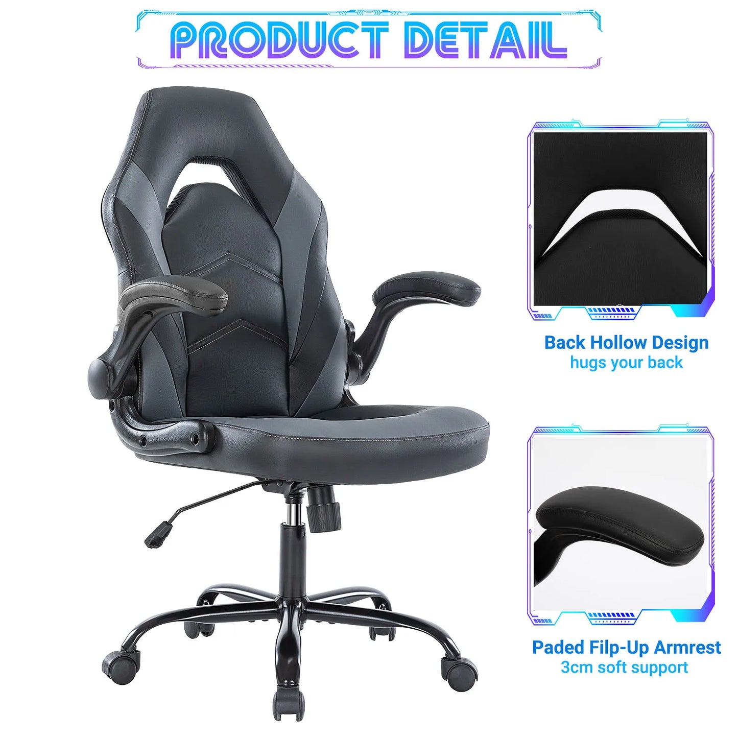 Gaming Desk Chair Adjustable PU Leather Racing Chair Flip-up Armrest