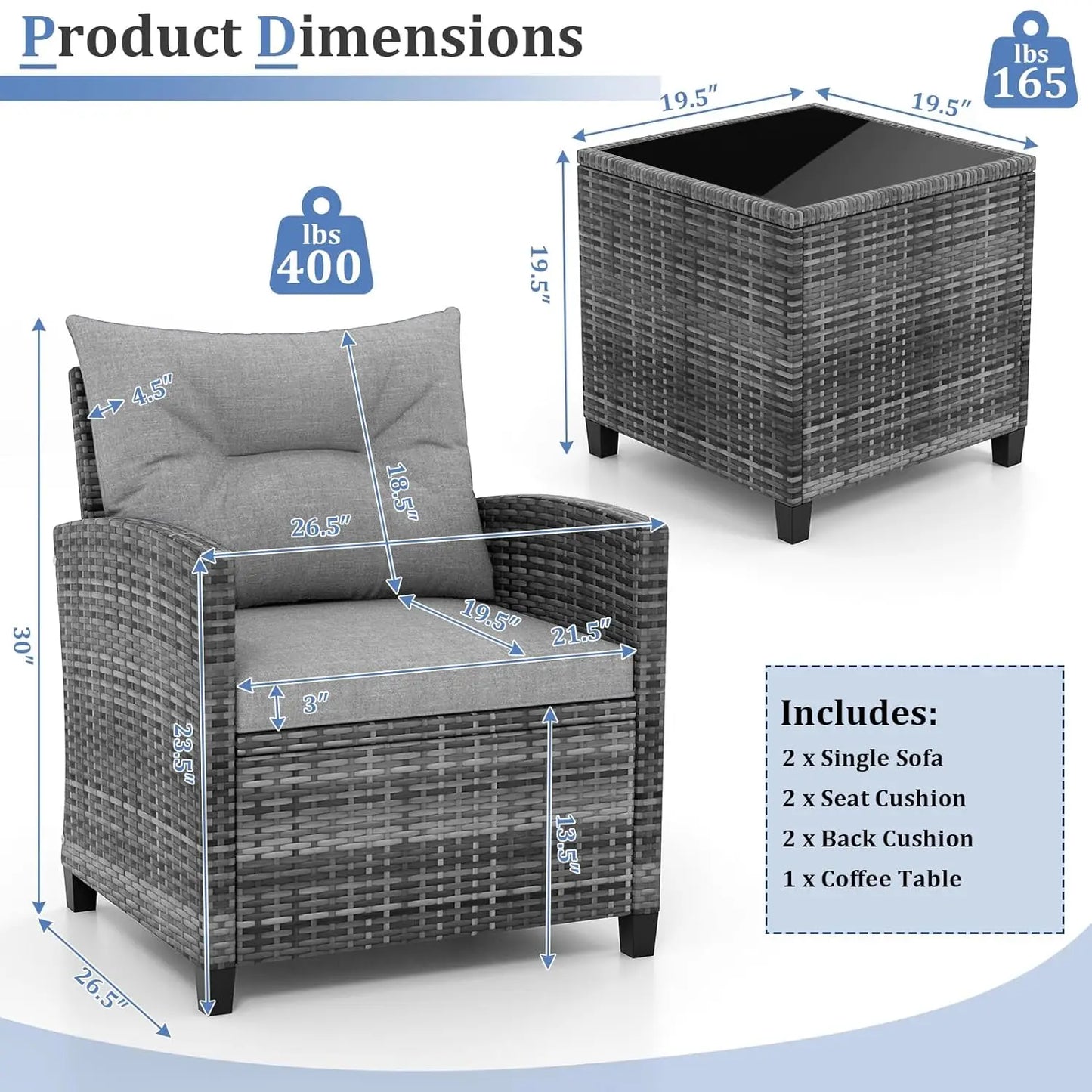 3 Piece Patio Furniture Set, Outdoor PE Rattan Conversation Set with Cushions &