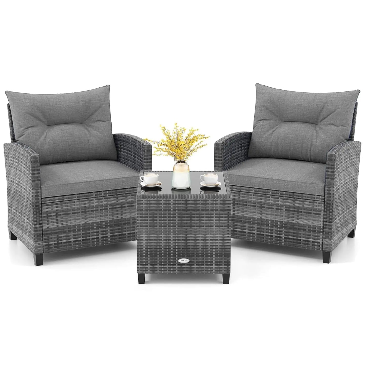 3 Piece Patio Furniture Set, Outdoor PE Rattan Conversation Set with Cushions &
