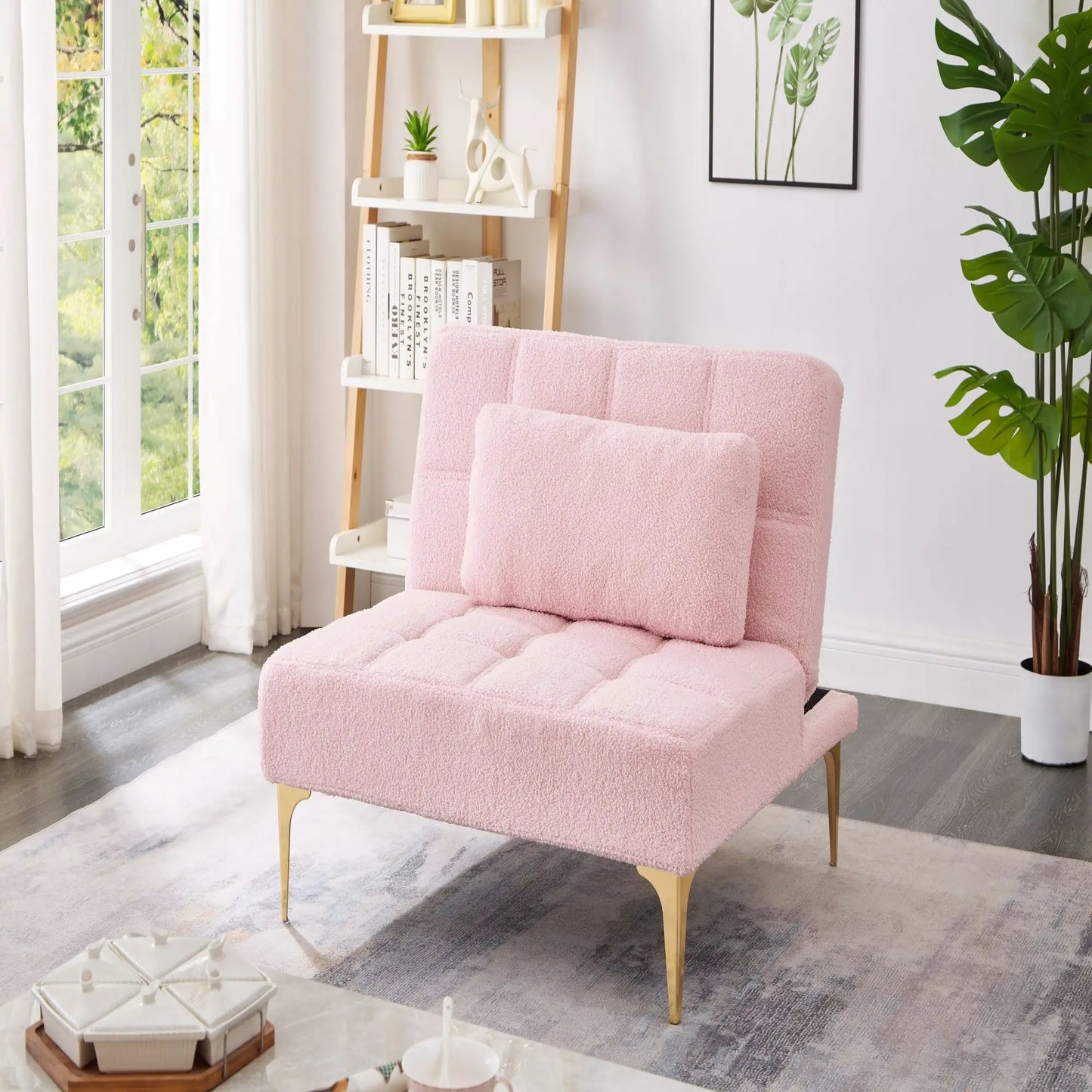 Multi functional convertible single sofa bed bedding and gold metal leg teddy cloth can withstand 300ibs (pink)