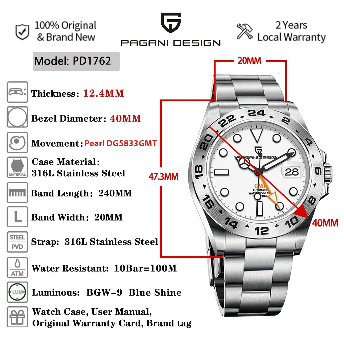 Men's GMT Automatic Mechanical Watches Stainless Steel 10Bar Sport BWG-9 Clock