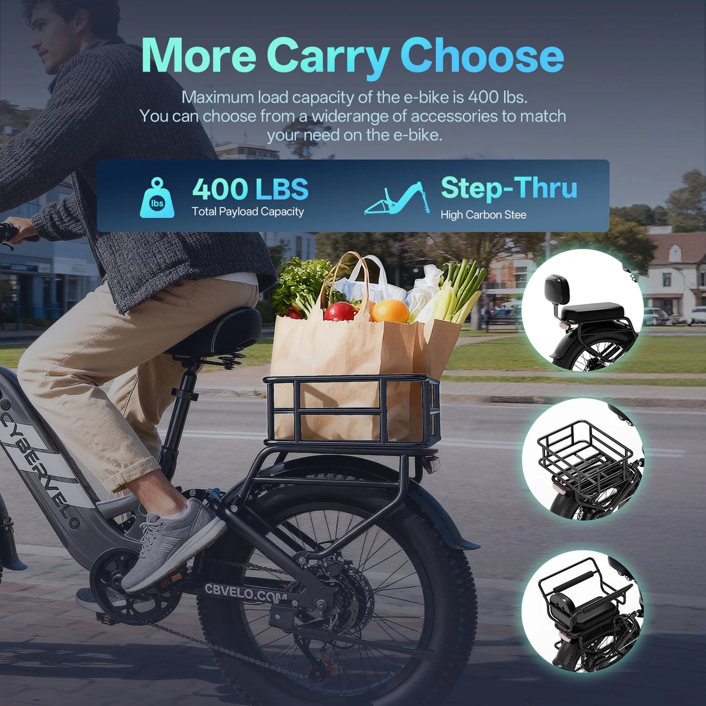 Step-Thru Electric Bike for Adults and Youths,  30+MPH, 20" Fat Tire 7-Speed