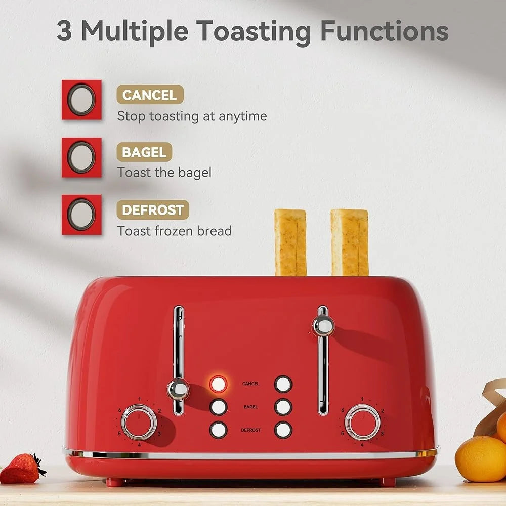 4 Slice Toaster Retro Design Stainless Steel 1.5 Inch Slots 6 Levels Dual Independent Controls Easy Clean Crumb Tray
