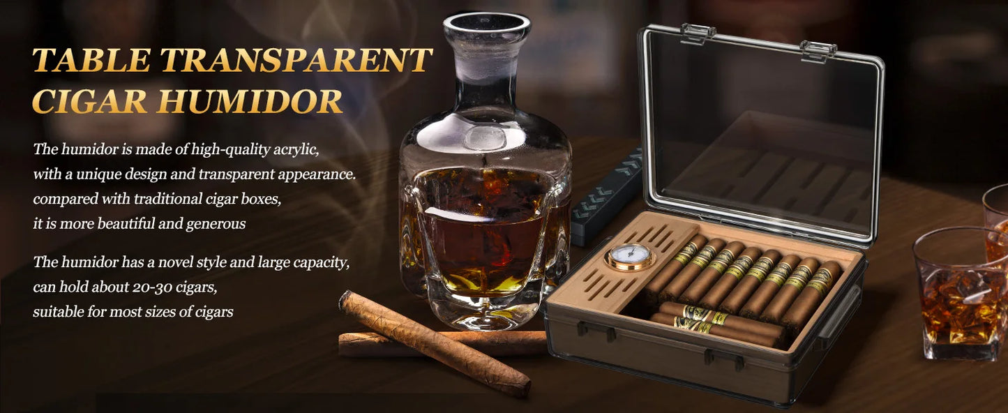 Acrylic Cigar Humidor, Cigar Box with Hygrometer, Humidifier and Cedar Wood Tray, Desktop Cigar Case Can Hold About 20-30 Cigars