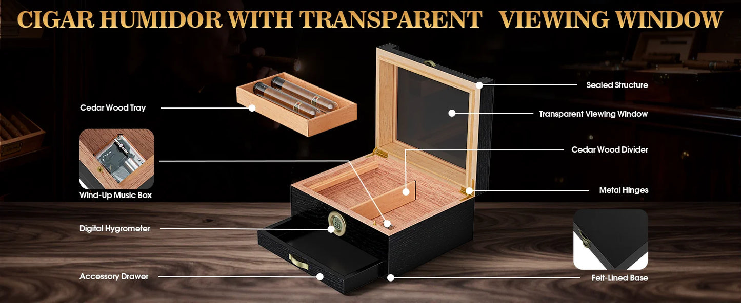 Cigar Humidor with Music Box System Cigar Humidor  and Cedar Wood Tray-Transparent Top Desktop Humidor Digital Hygrometer & Humidifier