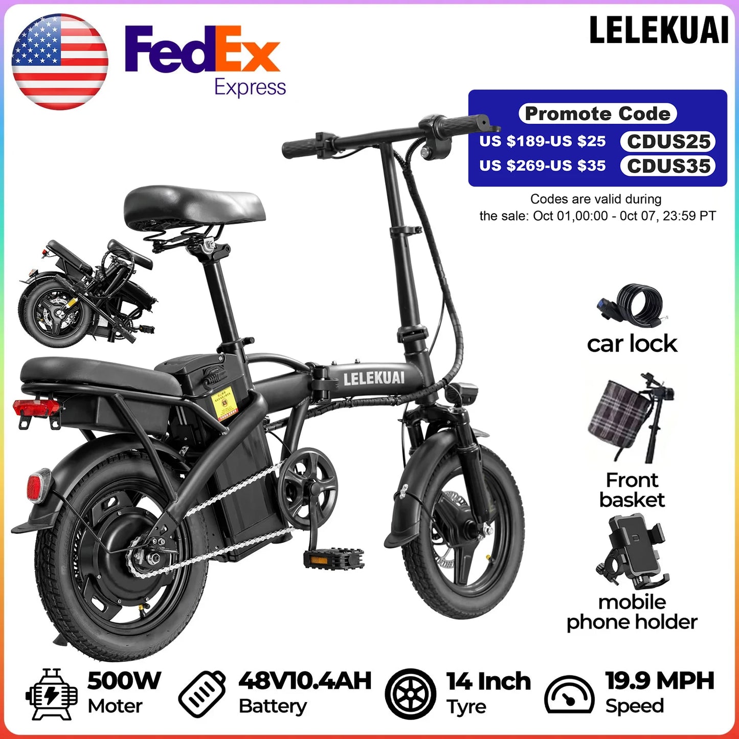 Folding electric bicycles, 14 inch 500W 24MPH 48V 10Ah battery