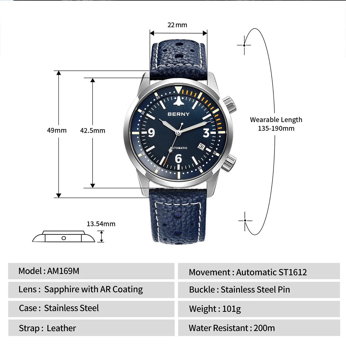 BERNY 20ATM Automatic Men's Diving Watches Top Luminous Sapphire AR Coated Diver Watches