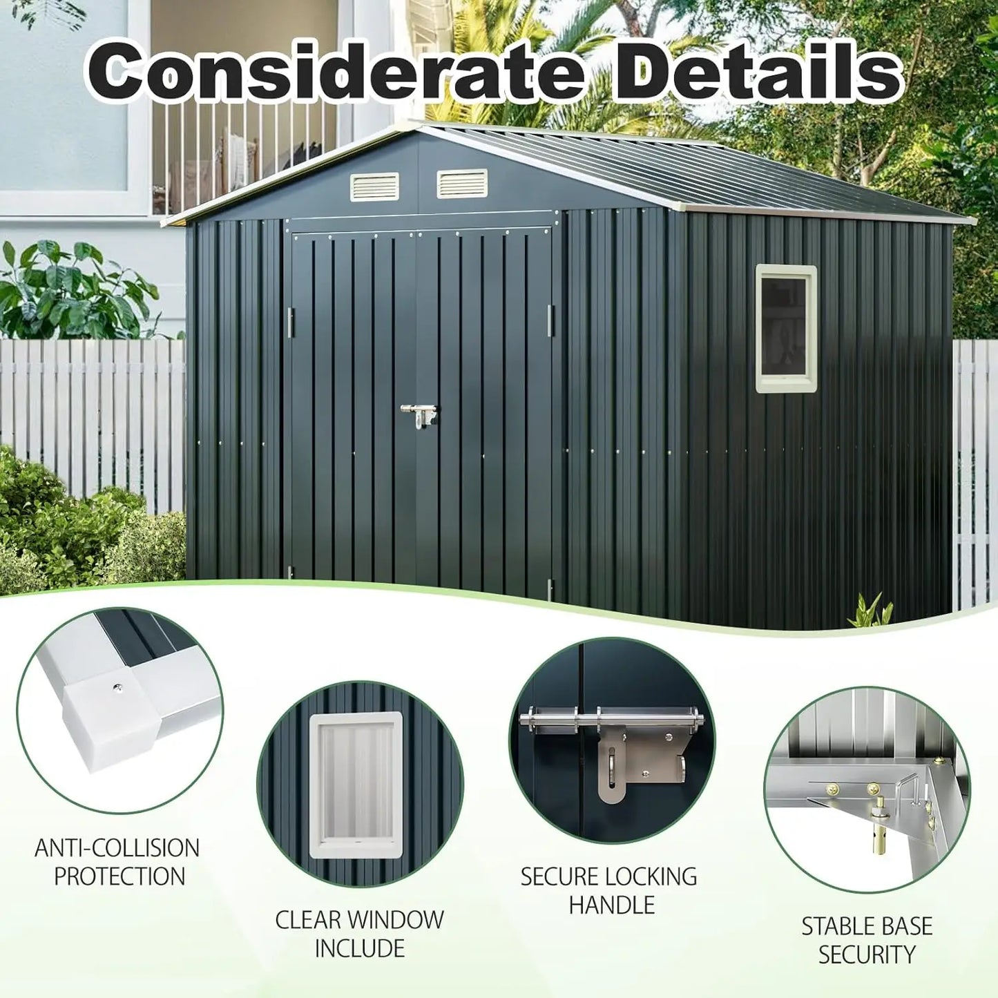 8x6FT Outdoor Steel Storage Shed with Clear Window, Lockable Doors,